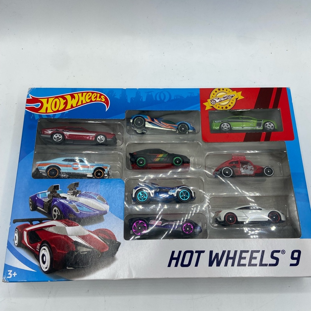 Hot Wheels Red and Blue Toy Car Set with 9 Unique Vehicles